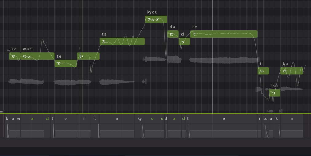 「ありがとう」の桜乃そら歌唱で「おう」や促音を調整したSynthesizer Vの音素編集画面