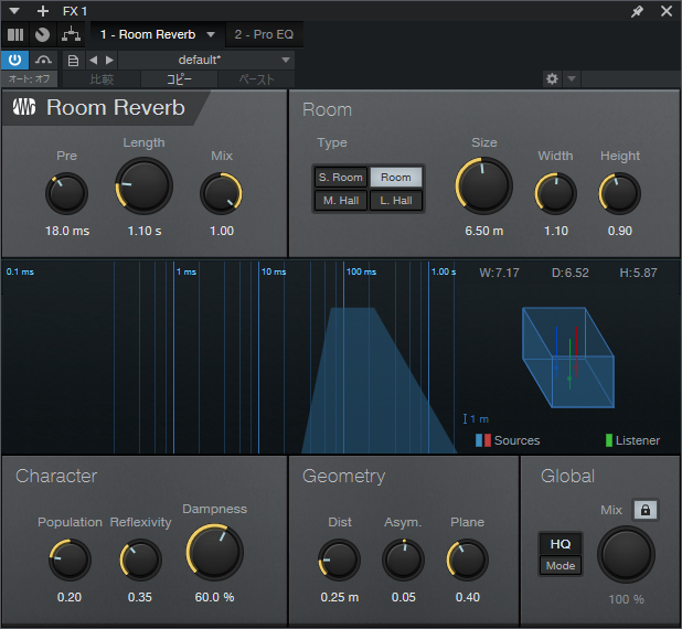 「ありがとう」の歌声とピアノに使用したRoom Reverbの設定画面