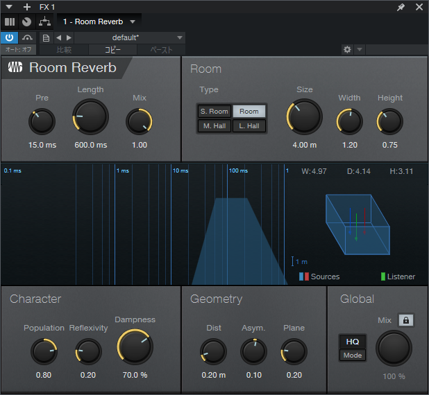 「恋に落ちて」の歌声とピアノに使用したRoom Reverbの設定画面
