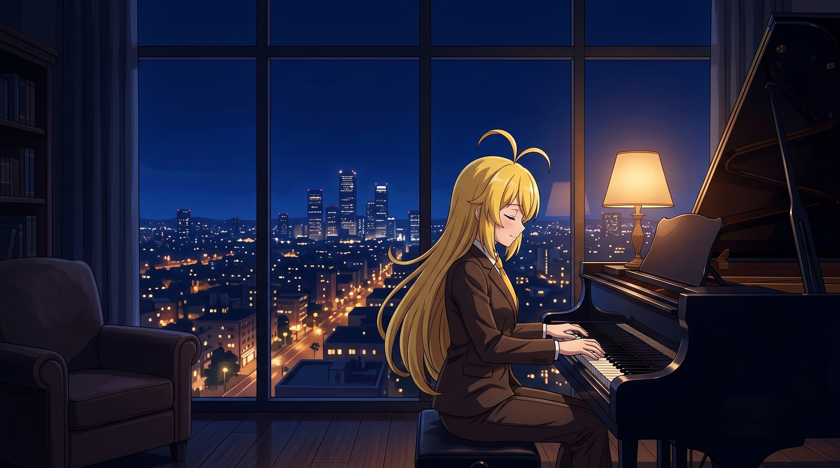 夜景が広がる窓辺の部屋で、暖かなランプの灯りに包まれながらグランドピアノを演奏する弦巻マキ