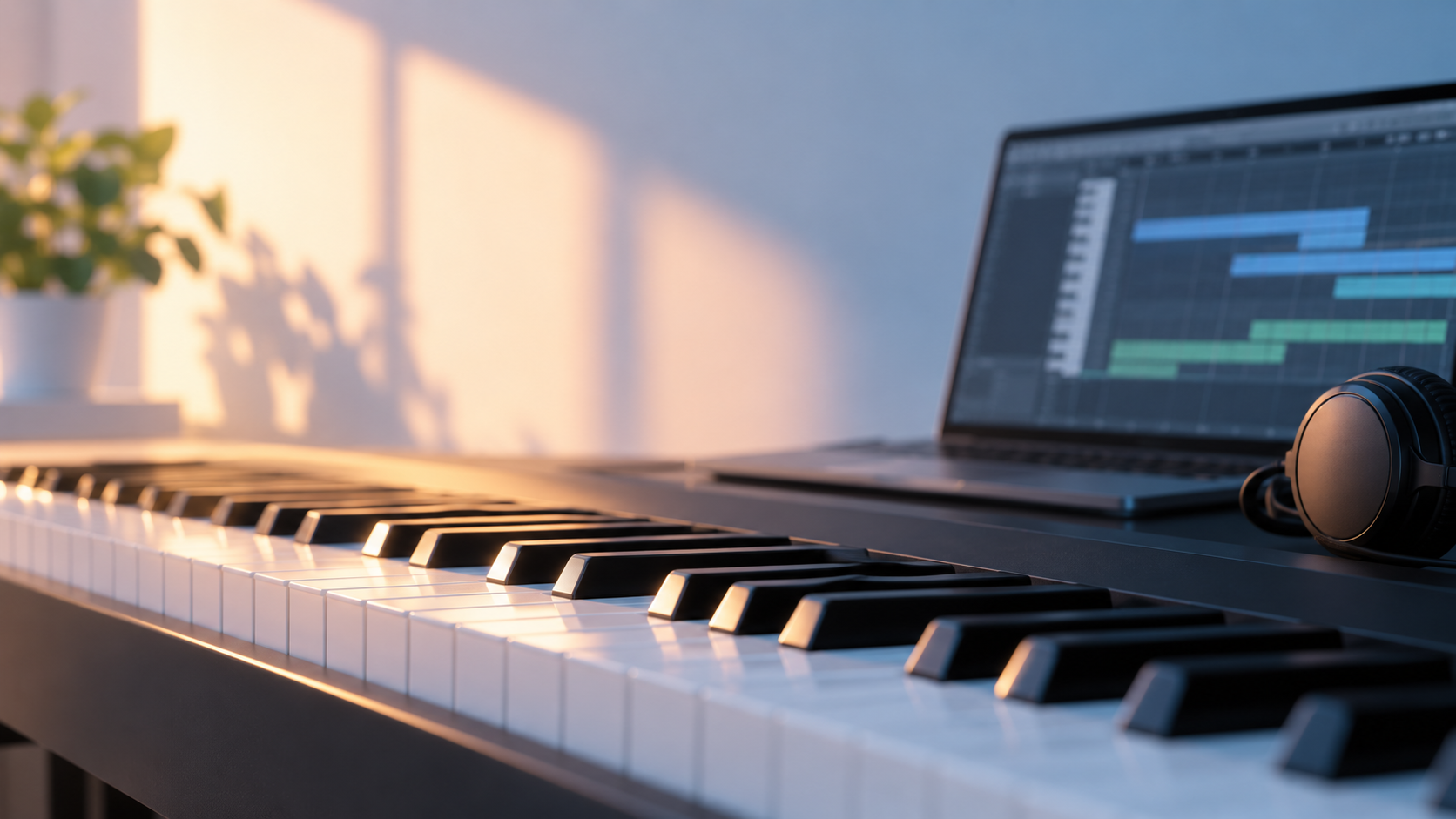 MIDIのピアノロールを表示したパソコンとピアノの鍵盤が並ぶ音楽制作環境