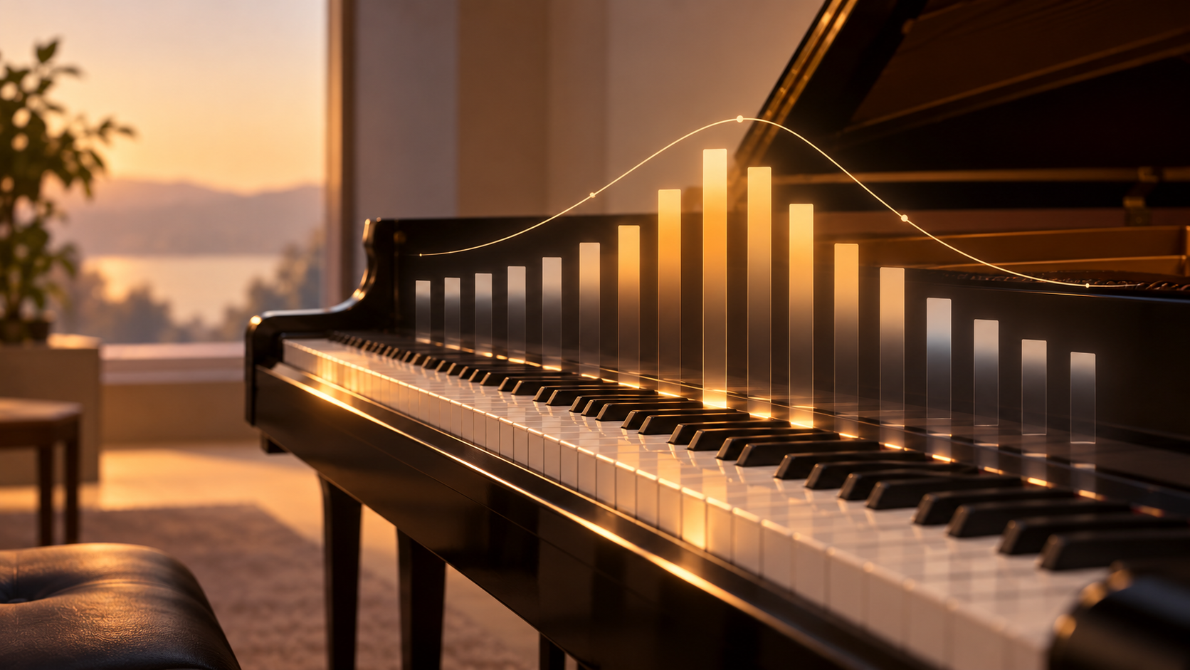 夕暮れのグランドピアノの鍵盤上に、MIDIのVelocityによる強弱の変化を表す棒グラフと曲線が重なるイメージ